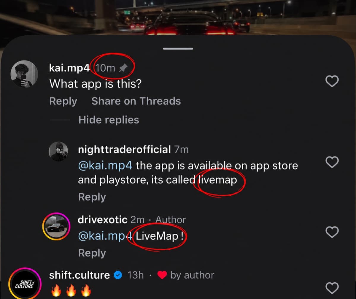 Instagram comments on a car video: a pinned “What app is this?” comment with replies that name LiveMap.