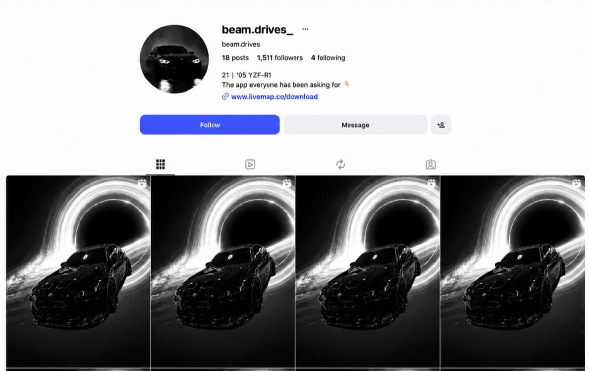 Instagram profile beam.drives_ with a car profile photo, a short bio and a download link, above a grid of black car edits.
