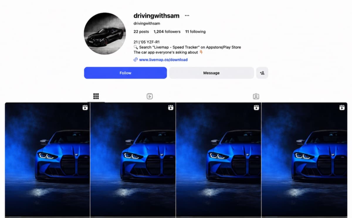Instagram profile drivingwithsam with a car profile photo and a bio telling people to search for LiveMap, above a grid of blue BMW edits.