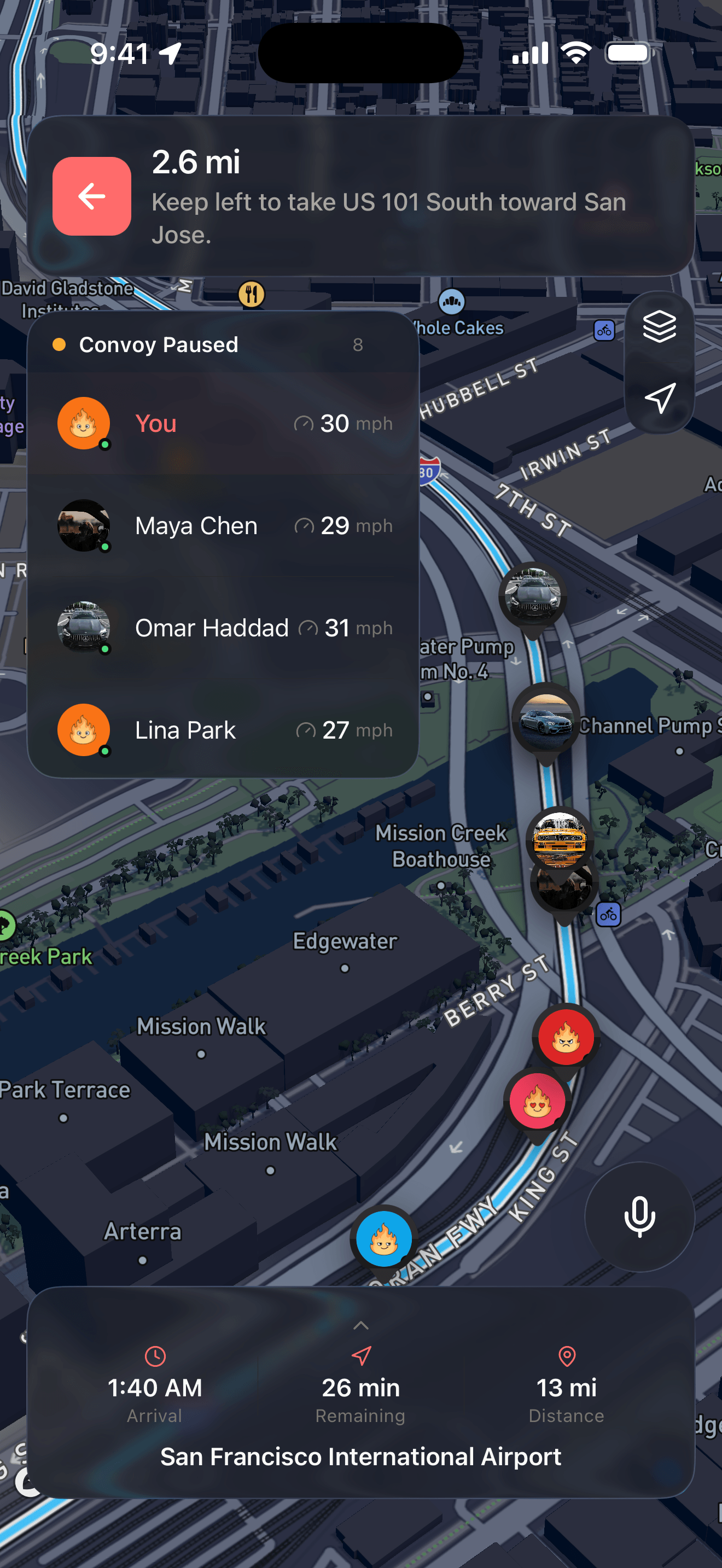 An active LiveMap convoy: the route, the next turn and each driver's live speed