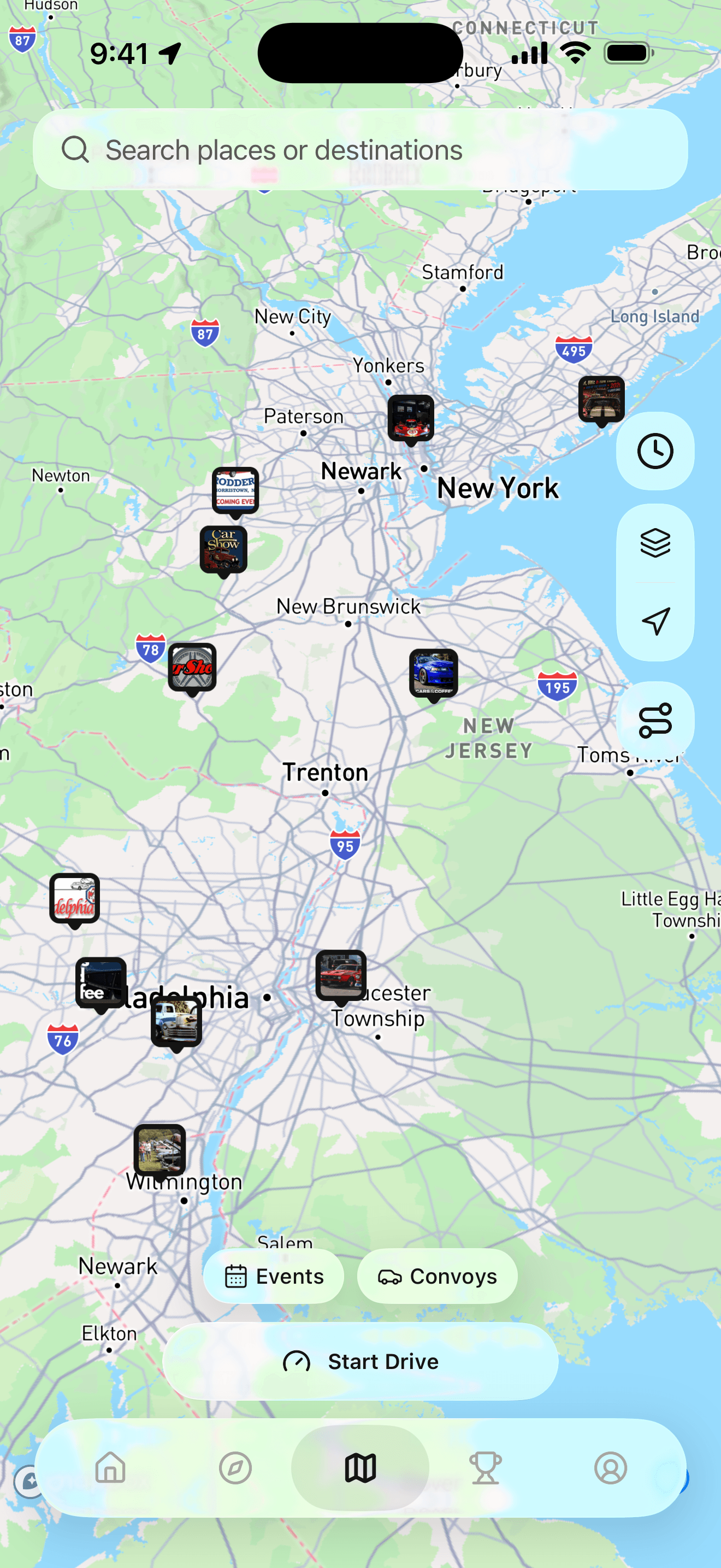 The LiveMap map with nearby meets and convoys